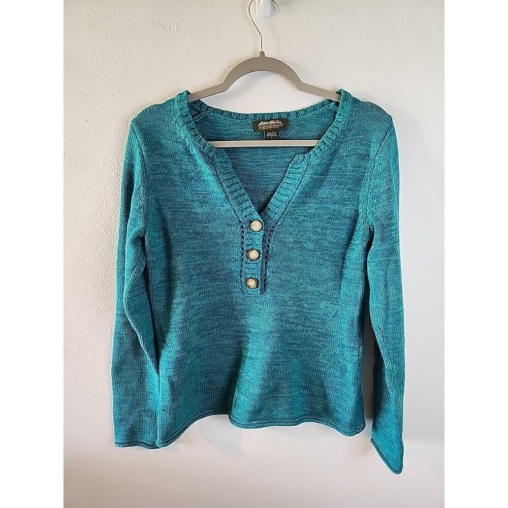 Eddie Bauer Women's Pull Over Sweater Teal Turquoise Small V-neck Knit